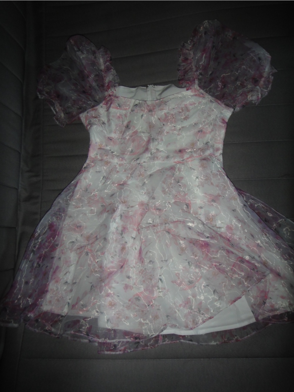 SHEIN White and Pink Floral Mini Dress with Puff Sleeves